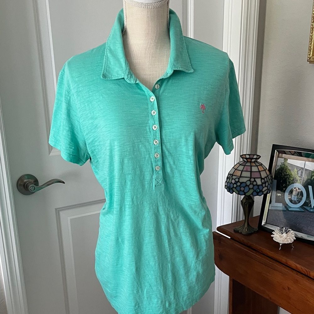 Lilly Pulitzer Resort Pima Cotton Turquoise Polo Palm Tree Logo  SZ XL
